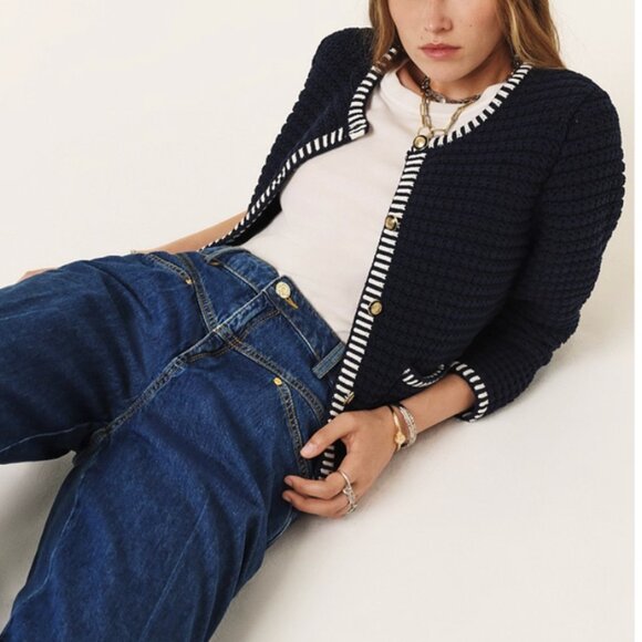 ba&sh Sweaters - Ba&sh Gaspard Knit Cardigan Navy White French BEST Classic